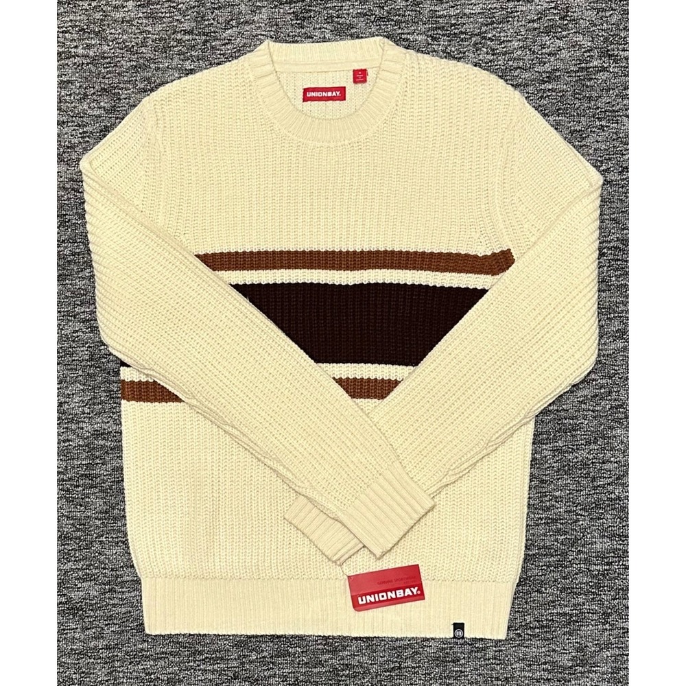 Unionbay Huxley Men S Vintage White Brown Striped Knit Crewneck Pullover Sweater